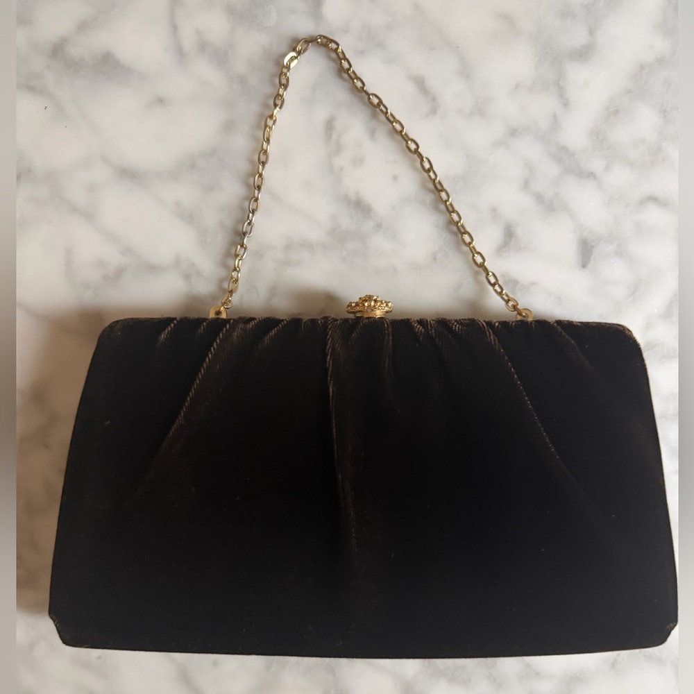 Elegant Vintage Chocolate Brown Velvet Evening Clutch with Gold Chain Dainty